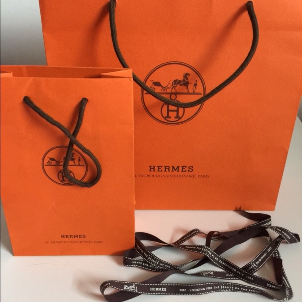 Two Hermes Paper Bags and Ribbon